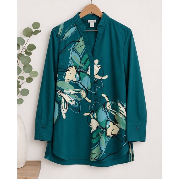 Chico's Tops - Chicos No Iron Chic Stretch Tunic Top Womens 2 L 12 Teal Green Floral V-Neck